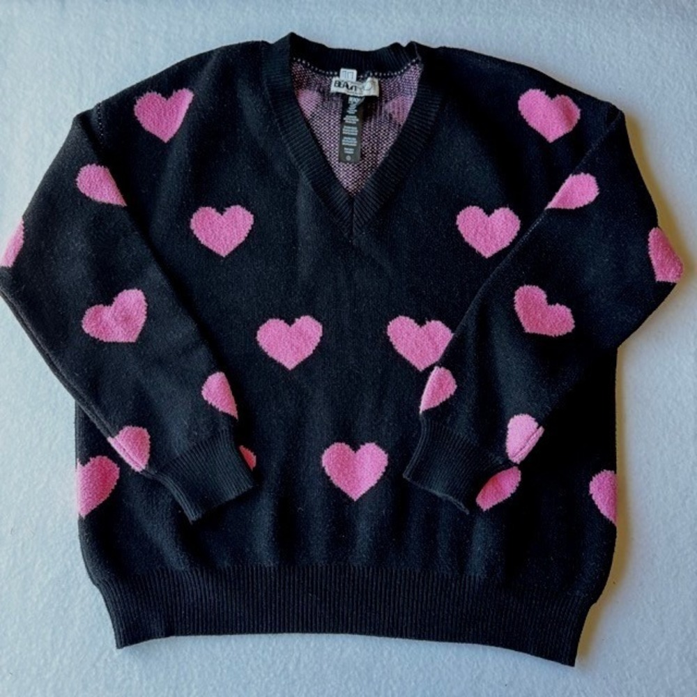 Beach Riot Womens Heart V Neck Sweater Black Pink Knit Pullover Valentines Small